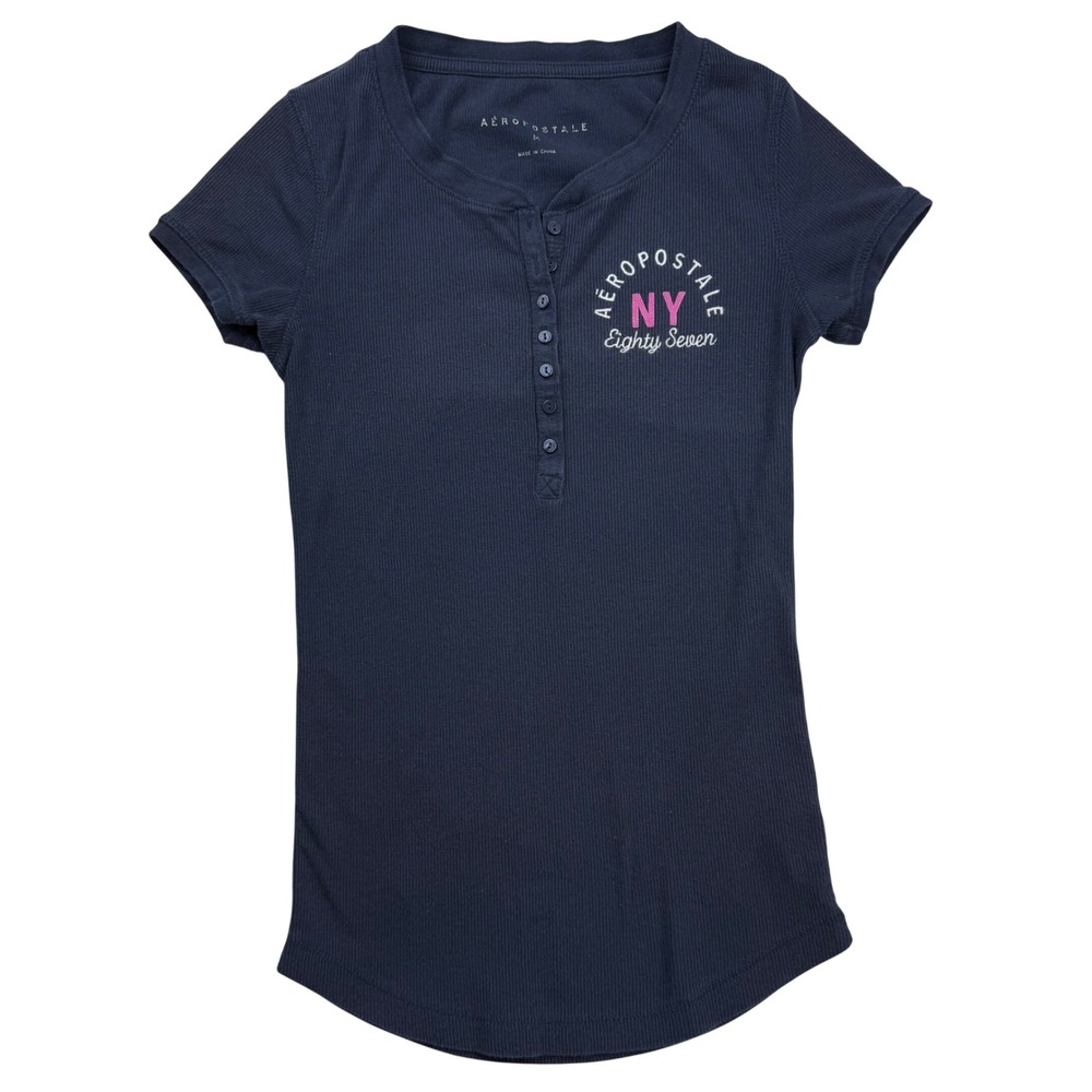 VTG Y2K Style Aeropostale Navy Ribbed Henley Fitted Short Sleeve Tee Size M